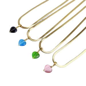 Gold-plated blade chain necklaces with colorful heart-shaped opal pendants for women