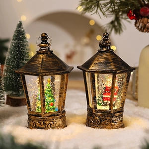 Close-up of retro Christmas lanterns with Santa and tree motifs in warm festive lighting