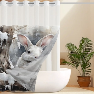 Close-up of rustproof silver metal grommets and watercolor rabbit print on waffle fabric
