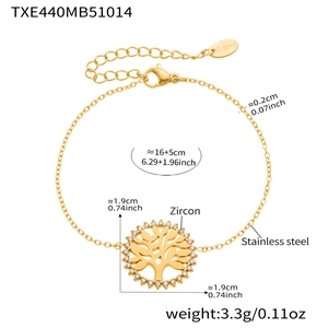 Détail du bracelet arbre de vie en acier doré avec zircon et mesures de l'article