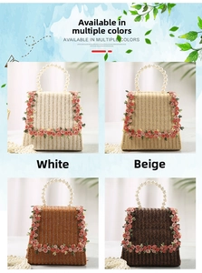 Detail of straw woven bags with pearl handles and pink rose flower embroidery accents
