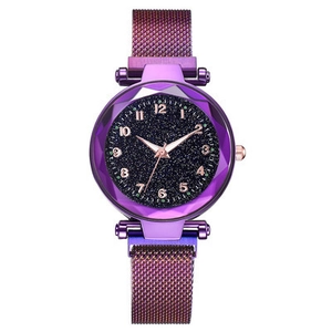 Elegant starry sky dial quartz watch with purple magnetic Milanese mesh strap for women