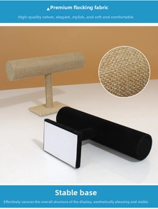 Detail of T-bar jewelry display stands in black velvet and natural linen finishes