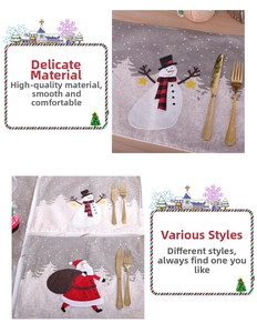 Macro detail of Christmas placemats featuring Santa Claus and snowman embroidery with fabric texture