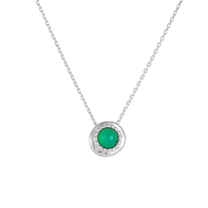 Detailed macro view of an S925 silver necklace featuring a round green agate gemstone pendant