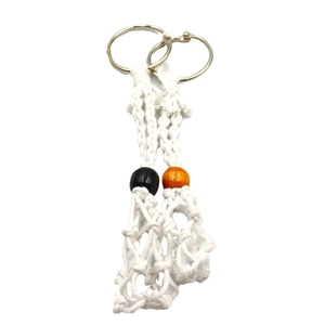 Handmade woven net tassel keychain with wooden beads and silver ring in boho style