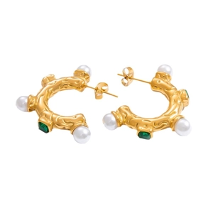 French style 18k gold plated earrings with white pearl and green square gemstone