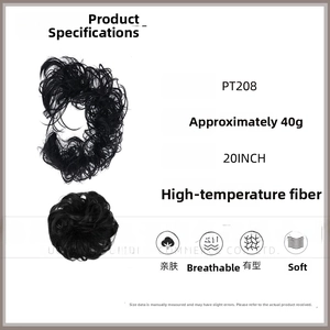 Macro detail of 20-inch black synthetic messy bun hairpiece with technical specifications