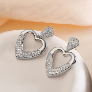 Silver hollow heart-shaped drop earrings with micro-pave cubic zirconia crystals