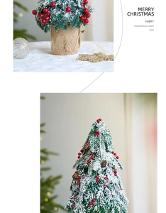 Detail of mini snowy Christmas tree with red berries, pine cones and burlap base