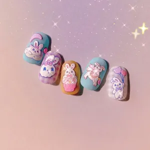 5-pack 5D embossed nail art stickers with cute rabbit designs in colorful patterns