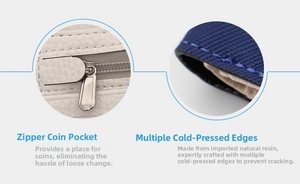 Detail of men's wallet showing white lychee leather coin zipper and blue fabric edges