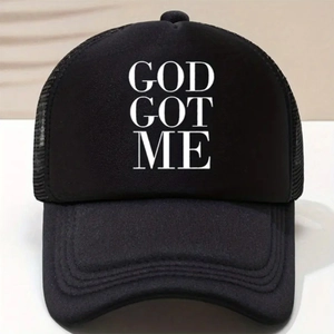 Classic black trucker hat with white GOD GOT ME print and breathable mesh back panel