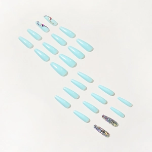 Light blue tiffany-style coffin press-on nails set with 24 pieces and crystal rhinestones