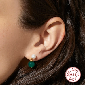 Elegant S925 sterling silver drop earrings with white pearls and green chalcedony beads