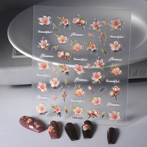 5D Geprägte Blumen Nagelsticker Romantische Rosa Kirschblüte Rose Selbstklebende Wasserdichte Nail Art Relief Decals Für Damen