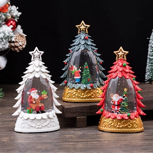 Christmas Tree Snow Globe Light Up Water Lantern Desktop Ornament With Sparkling Glitter Santa Claus Festive Scene Decor