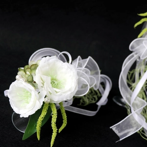 Elegant white artificial rose wedding glass decoration with green leaves and ribbon