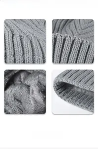 Détail du bonnet en maille côtelée avec doublure épaisse en fausse fourrure pour l'hiver
