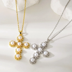 Cross Pendant Necklace Luxury Copper Gold Silver Plated Geometric Artificial Pearl Zircon Clavicle Chain For Women
