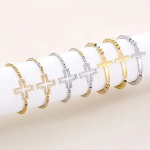 Bracelet À Perles En Croix En Acier Inoxydable Pour Femmes Bicolore Strass Charme Creux Style Religieux