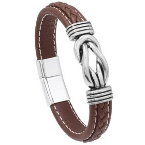 Men's brown braided leather bracelet with silver magnetic infinity clasp on white background