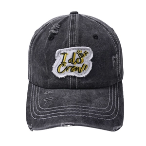 Distressed charcoal gray denim baseball cap with I do Crew embroidery and ring icon