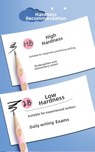Detail showing pink HB and 2B ergonomic pencils for children with non-slip grip zones