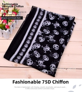 Detail of classic skull and crossbones print on lightweight 75D black chiffon scarf