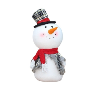 Christmas snowman figurine with plush grey coat and plaid top hat for window decoration