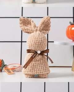 Detail of khaki coral fleece rabbit towel with Just for you ribbon and pearl charm