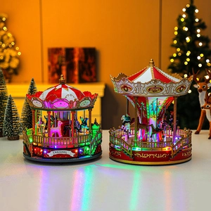 Christmas Carousel Music Box Rotating LED Glowing PC Resin Desktop Ornament Holiday Gift USB Battery Powered
