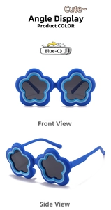 Front and side views of blue flower-shaped sunglasses for kids with grey lenses