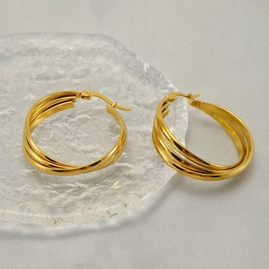 Three Layer Overlapping Hoop Earrings For Women 18K Gold Plated Stainless Steel Geometric Vintage Fashion Minimalist