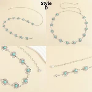 Detail view of Bohemian metal waist chain with turquoise beads and hollow metal plates