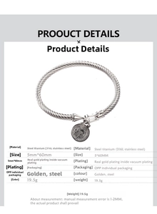 Detailed specs for 316L stainless steel twisted rope bracelet with St. Benedict charm