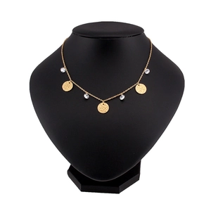 Gold stainless steel necklace with hammered disc pendants and clear zircon stones