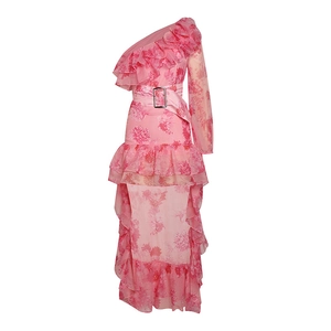 Pink floral one-shoulder dress with ruffled hem and waist belt in chiffon fabric