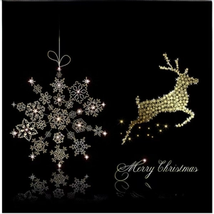 Close-up of golden Christmas snowflake and running reindeer decorations on black background