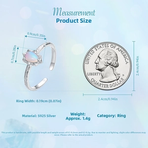 Detailed size chart showing the S925 silver opal ring dimensions next to a US quarter coin