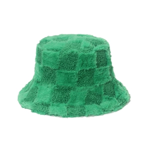 Chapeau bob vert à motif damier en peluche chaude en fausse fourrure pour femmes