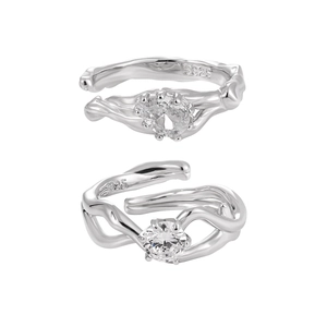 S925 sterling silver couple rings with sparkling diamond accents and wave design