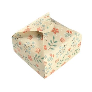 Foldable beige paper gift box with vintage orange and blue floral patterns on white background