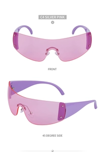 Front and side views of Y2K star rivet rimless pink sports sunglasses with purple temples