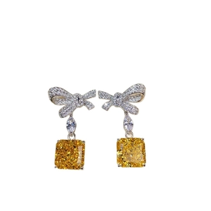 Elegant S925 silver bow stud earrings with square yellow zircon and drop crystal