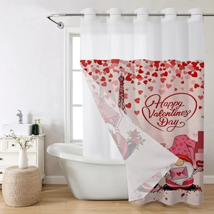 Detail of waffle shower curtain featuring Valentine gnome and Eiffel Tower print