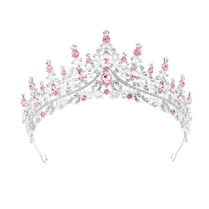 Silver bridal crown headpiece with pink crystals and clear rhinestones on white background
