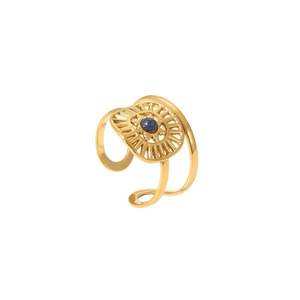 Irregular golden open ring with a round blue gemstone and vintage hollow design