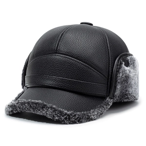 Professional winter men's lychee grain leather baseball cap with thick grey fur earflaps