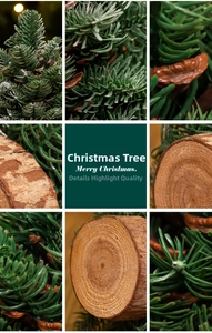 Macro details of mini artificial Noble Fir Christmas tree with natural wooden base